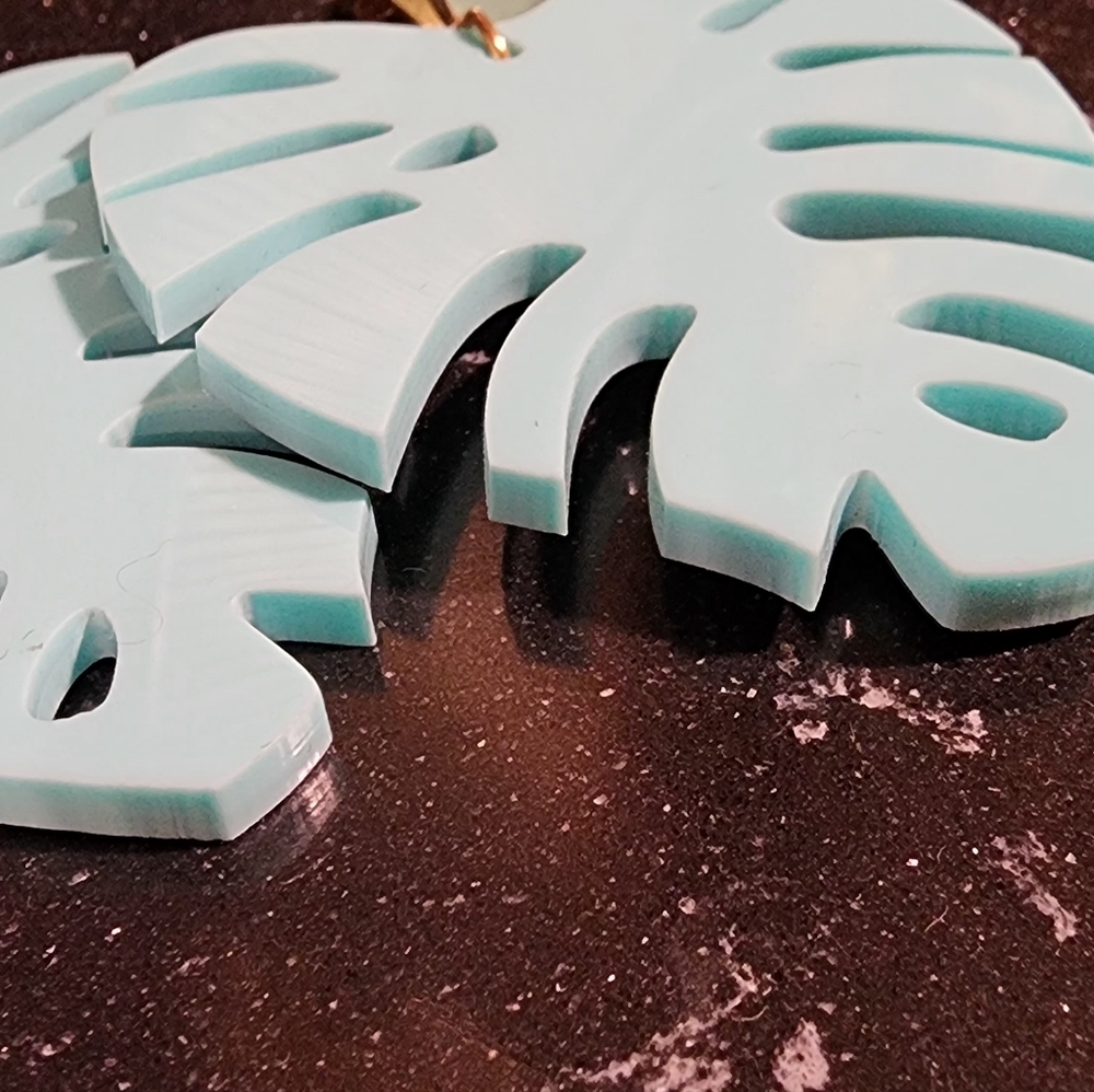 Sugar Monstera Aqua Leaf Statement Earrings Made … - image 3